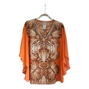 Chico's Womens S/M Poncho Blouse Top Orange Sequins Beads Sea Shells